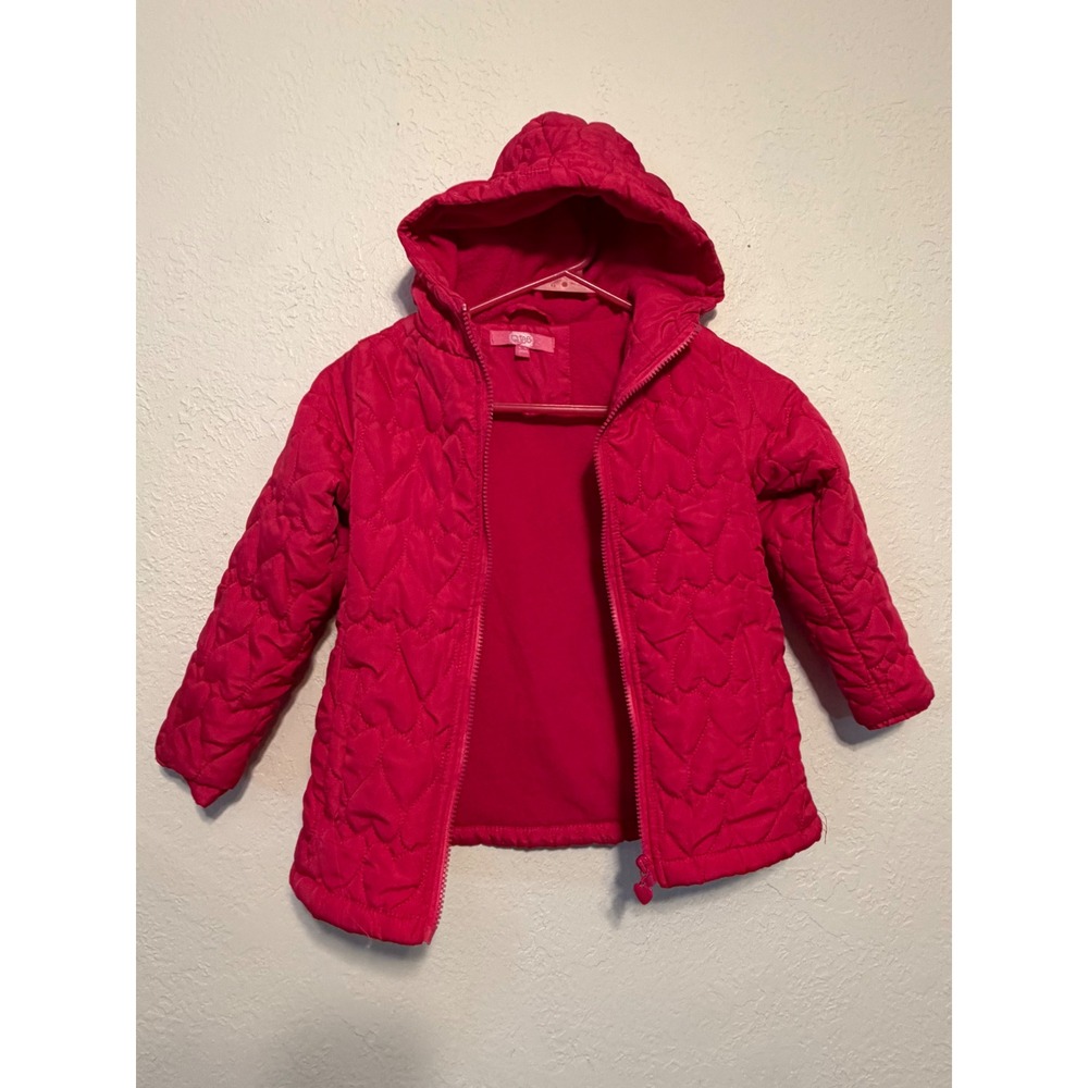 Qtee Girls Pink Heart Quilted Hooded Jacket Fleece Lined Size 6-7 Years